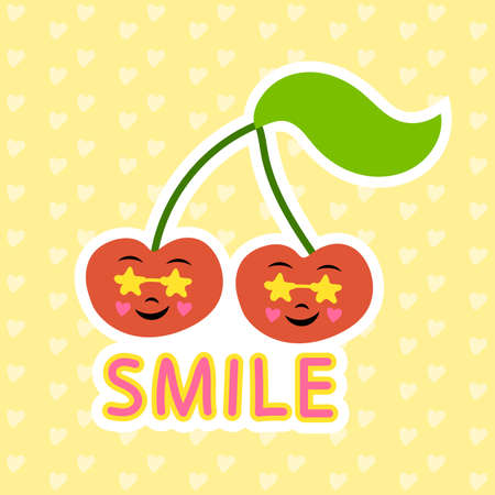 Funny cherry character summer sticker. vector illustration.のイラスト素材