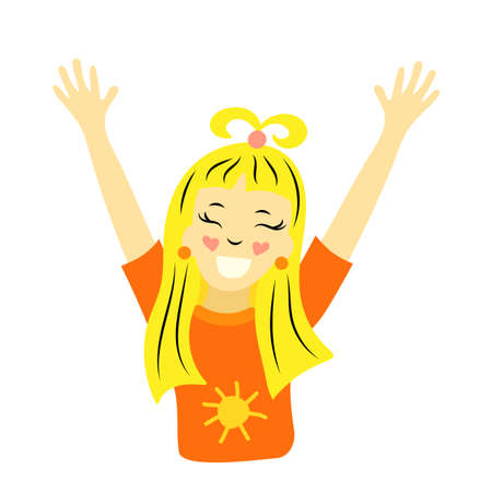 Cheerful girl with hands raised in joy and a wide smile. vector illustration.のイラスト素材