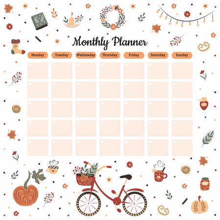 Monthly planner template in warm autumn hygge colors. school schedule. business planning. vector illustration.のイラスト素材