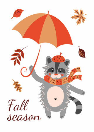 autumn card. Raccoon with an umbrella, leaves and an inscription "Fall season".のイラスト素材