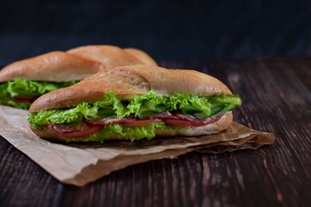 Two fresh underwater sandwiches with sausage, cheese, bacon, tomatoes, lettuce, cucumbers and onions on a dark wooden backgroundの写真素材