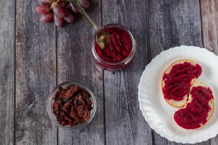 Sandwiches with natural, homemade beetroot jam, vanilla and sugar. Healthy food, vegetarianism.