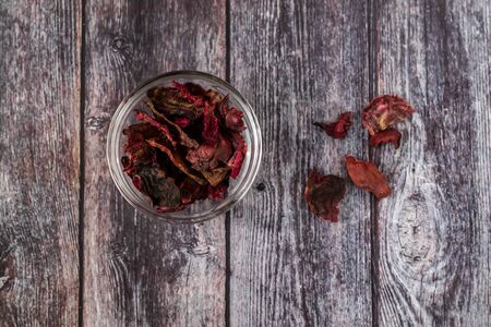 Baked beetroot slices with sea salt. Vegetarian diet recipe. Healthy homemade chips. Copy spaceの写真素材