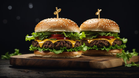Hamburgers on a wooden board on a black background.の写真素材