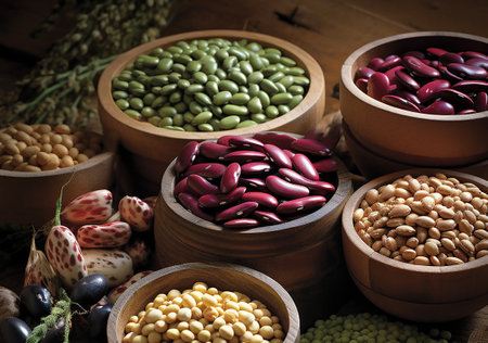 Bean groats, on a wooden table, various types of beans, chickpeas and lentils.