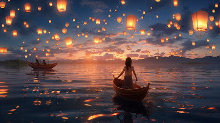 A girl is sailing on a boat in the evening, lanterns are flying around. AI generatedの写真素材