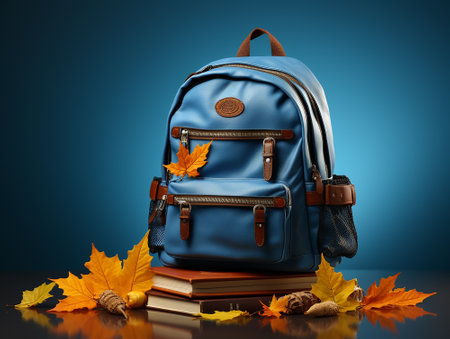 School bag with laptop and books on a blue background .AI generated