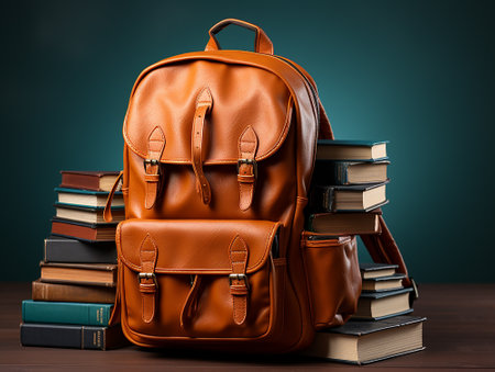 School bag with laptop and books on a blue background .AI generatedの写真素材
