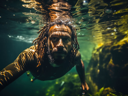 A tall athletic man with short dreadlocks swims underwater.の写真素材