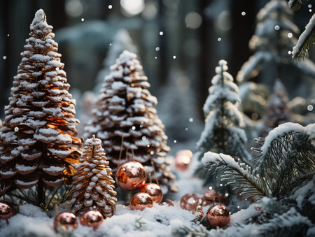 Spruce in the forest, decorated with garlands and Christmas toys, there is snow aroundの写真素材