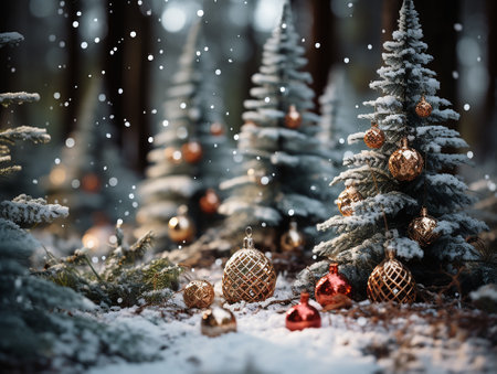 Spruce in the forest, decorated with garlands and Christmas toys, there is snow aroundの写真素材