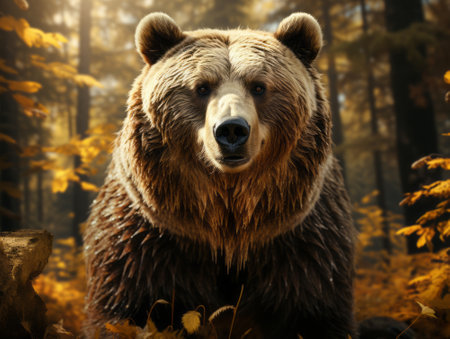 A huge bear in the autumn forest, growls.
