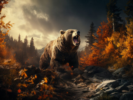 A huge bear in the autumn forest, growls.の写真素材