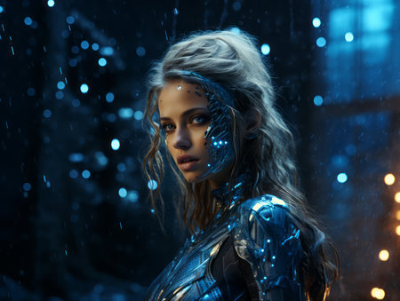 Fantasy cyborg woman against the backdrop of the night city.の素材