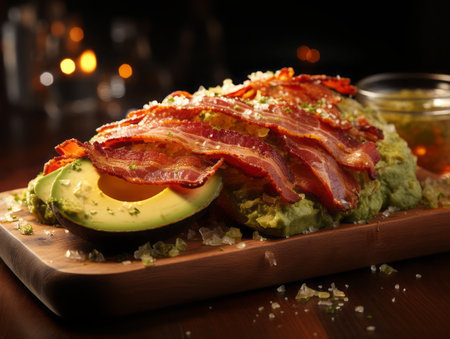 Fried bacon with avocado and herbs, keto diet.の写真素材