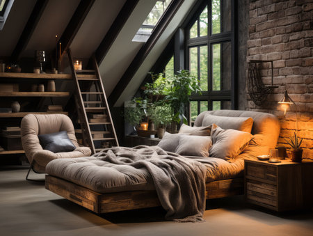Rustic loft style bedroom interior bed with wooden platform.の写真素材