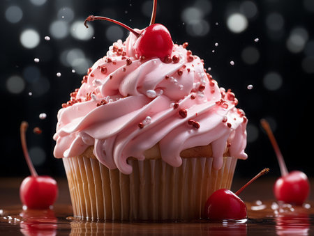 Delicious, fresh cupcake with cream and cherries.の写真素材