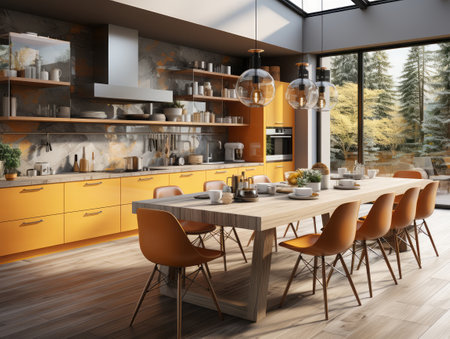 Stylish kitchen interior with bright colors and open shelves.の写真素材