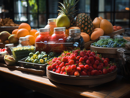 Store counter with a variety of fresh fruits.の写真素材