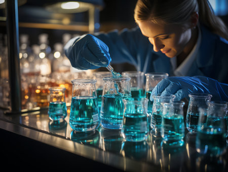 A scientist in a laboratory analyzes a blue substance in a glass, conducts medical research for the purpose of pharmaceutical discoveries.の写真素材