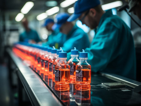 Checking medical vials on the production line of a pharmaceutical factory.