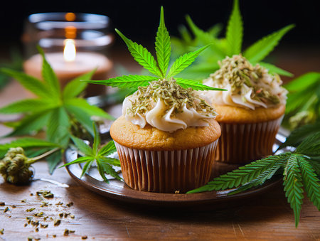 Cupcakes with hemp seeds and leaves with cream.の写真素材