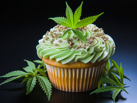 Cupcake with hemp seeds and leaves with cream. AI generated.の写真素材