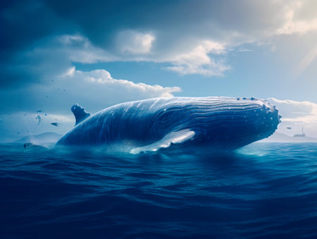 Huge blue whale in the ocean above the water.の写真素材