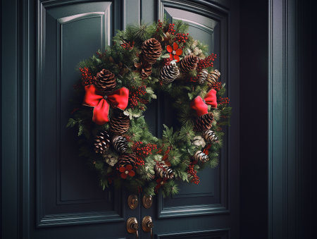 Christmas wreath with pine cones and a red bow on the door.の写真素材