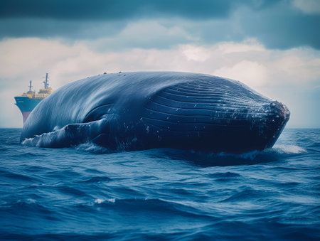 Huge blue whale in the ocean above the water.の写真素材