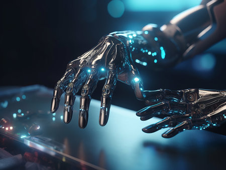 Robot hands. The concept of harmonious coexistence of people and artificial intelligence technologies.の写真素材