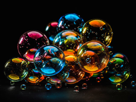 Multi-colored soap bubbles fly on a black background.の写真素材