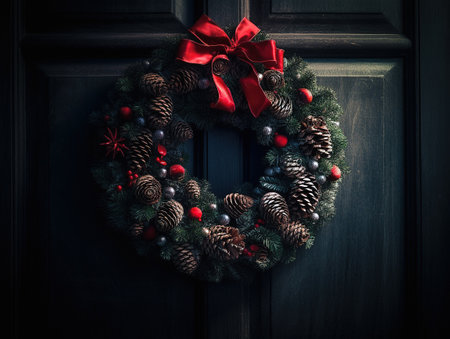 Christmas wreath with pine cones and a red bow on the door.の写真素材