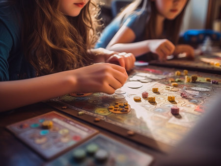 Children playing a board game close-up.の写真素材