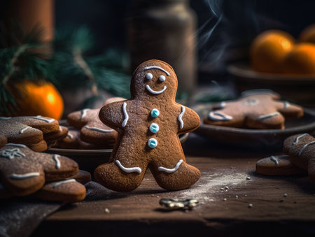 Homemade Christmas gingerbread cookies in the shape of a man. Festive treat.の写真素材