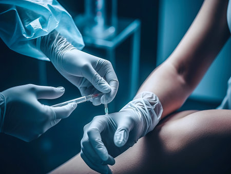 A nurse performs procedures on a patient in a clinic.の写真素材