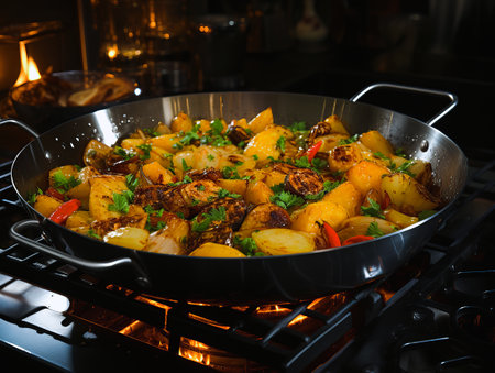 Food on the stove, vegetables in the pan. Cooking food. Dinner.の写真素材