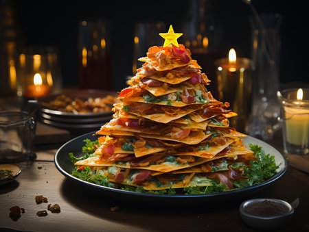 Christmas appetizer in the form of a Christmas tree with salmon and herbs on the table.の写真素材