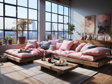 Living room interior in pastel colors. Design ideas.の写真素材