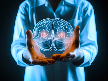 The doctor holds in his hands a picture of the brain, Magnetic resonance imaging.