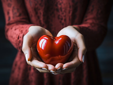 Close-up of a red heart in hands, health, donation and cardiology concept symbolizing love, charity and medical care.の写真素材