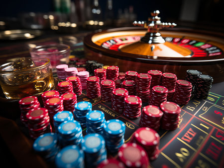 Magic of Gaming:: Chips and roulette on the gaming table in a casino.の写真素材