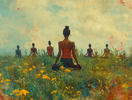 Morning Dew: Girls Practicing Yoga in the Fresh Air. Figure. .AI-generated.の写真素材