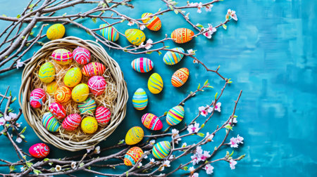 Exquisite Holiday: Brightly colored Easter Eggs in Decor. Generated by AI