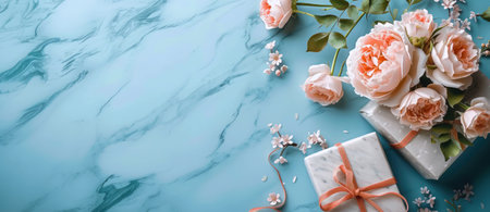 Fragrant Celebration: Flowers and Amazing Gifts for March 8. Copy Space. Generated by AI.の写真素材