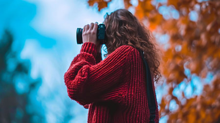 Fall Magic in the Frame: Girl with Camera in Nature.の写真素材