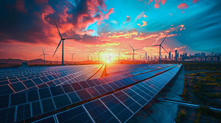 Free energy from nature: solar panels and windmills outside the city.