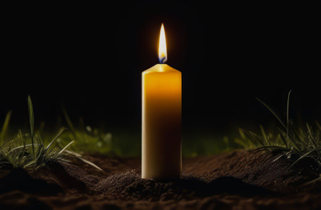 Light and Darkness: A Lighted Candle in the Wrapping Night Gloom.の写真素材