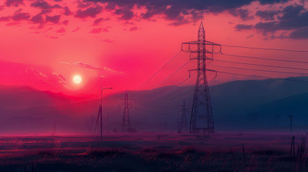 Lines of force: elevated towers with high voltage wires at sunset. Generated by AI.の写真素材