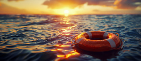 Safe swimming: a life preserver on the blue sea.の写真素材